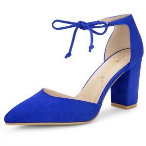 Ankle Tie Chunky Heel Pointed Toe Dress Pumps Deep Blue